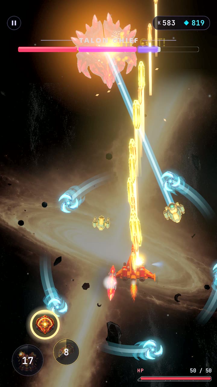 A fully upgraded ship firing at the Talon Chief