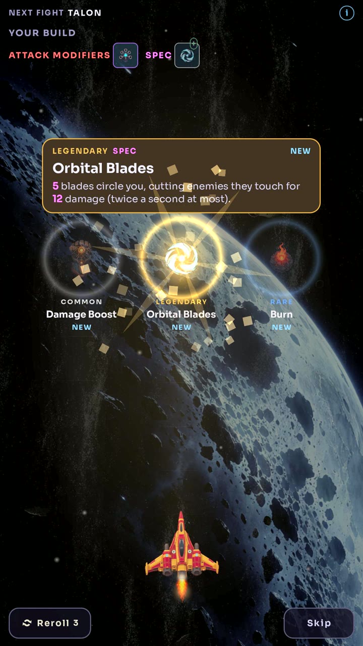Three upgrade gates; the ship flies into the legendary one